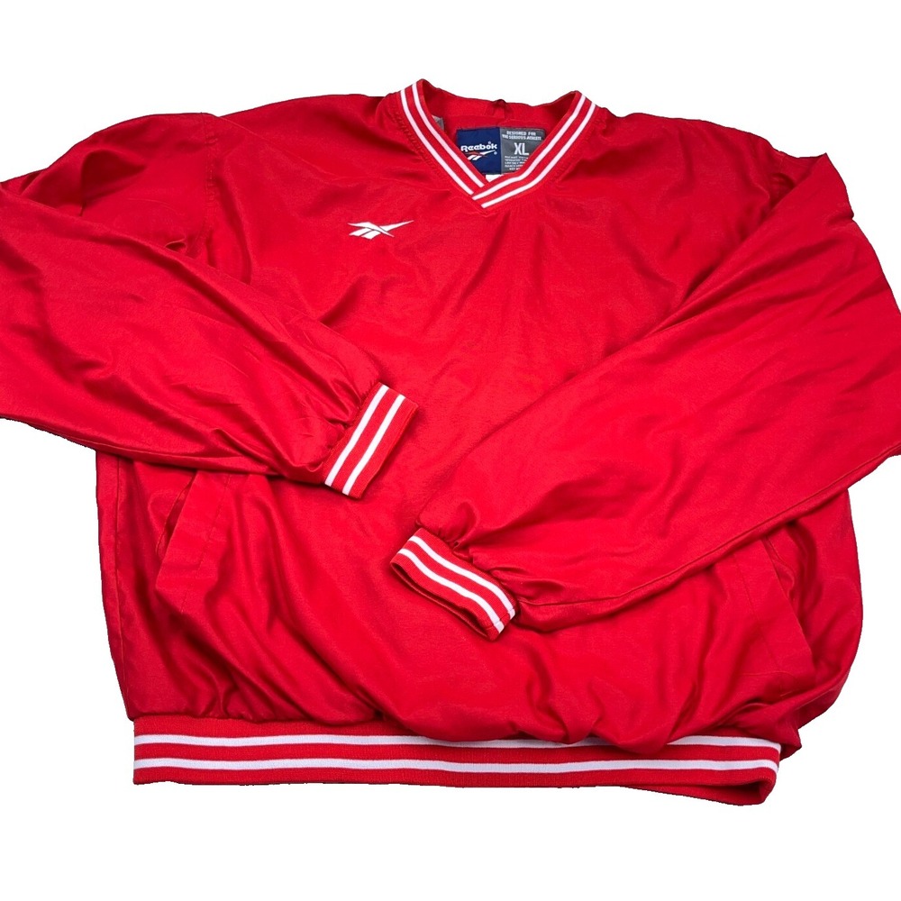 Vintage Reebok Jacket Men XL Red White Pullover Windbreaker Lined Warm Up Track